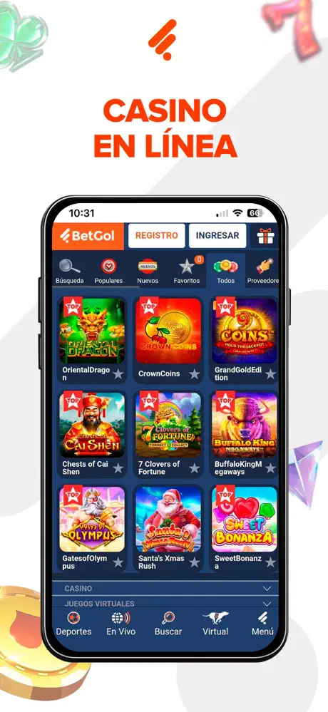 Otra vista del catálogo de tragamonedas en BetGol móvil